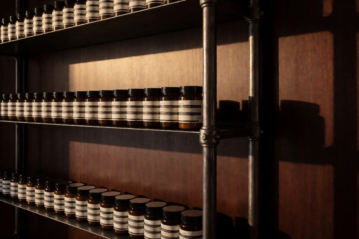 Amber glass jars on dark zinc shelving