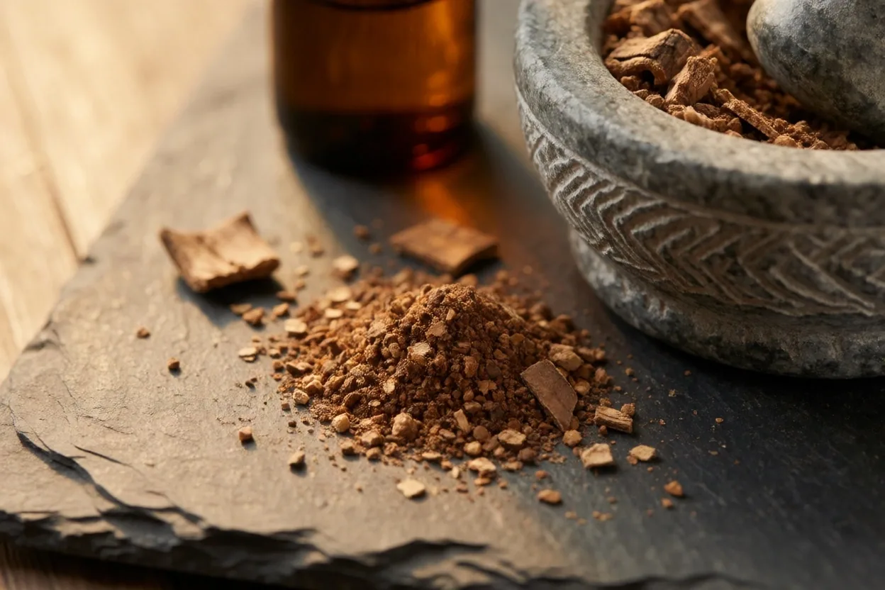 Mortar and pestle with ground botanical material