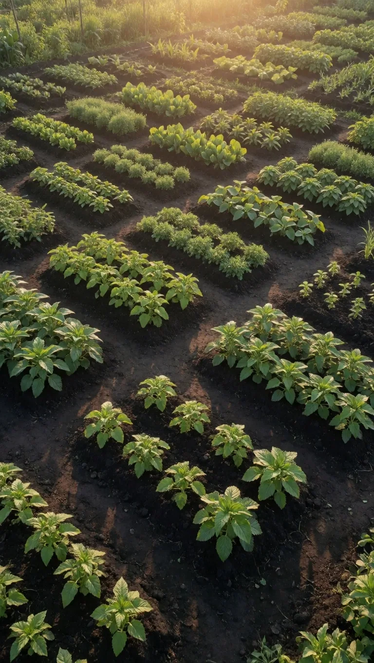 Overhead view of medicinal botanical garden beds at golden hour