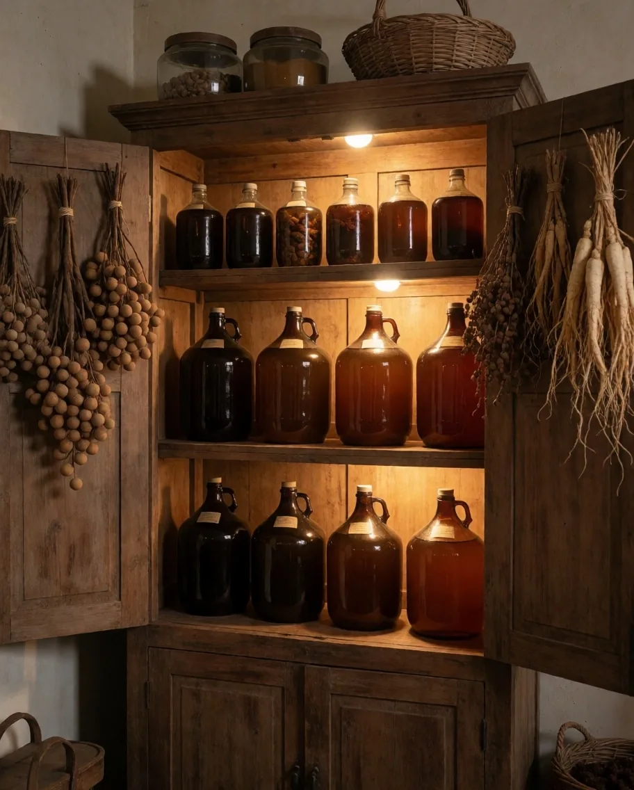 Botanical preparation shelf with amber jars and dried roots