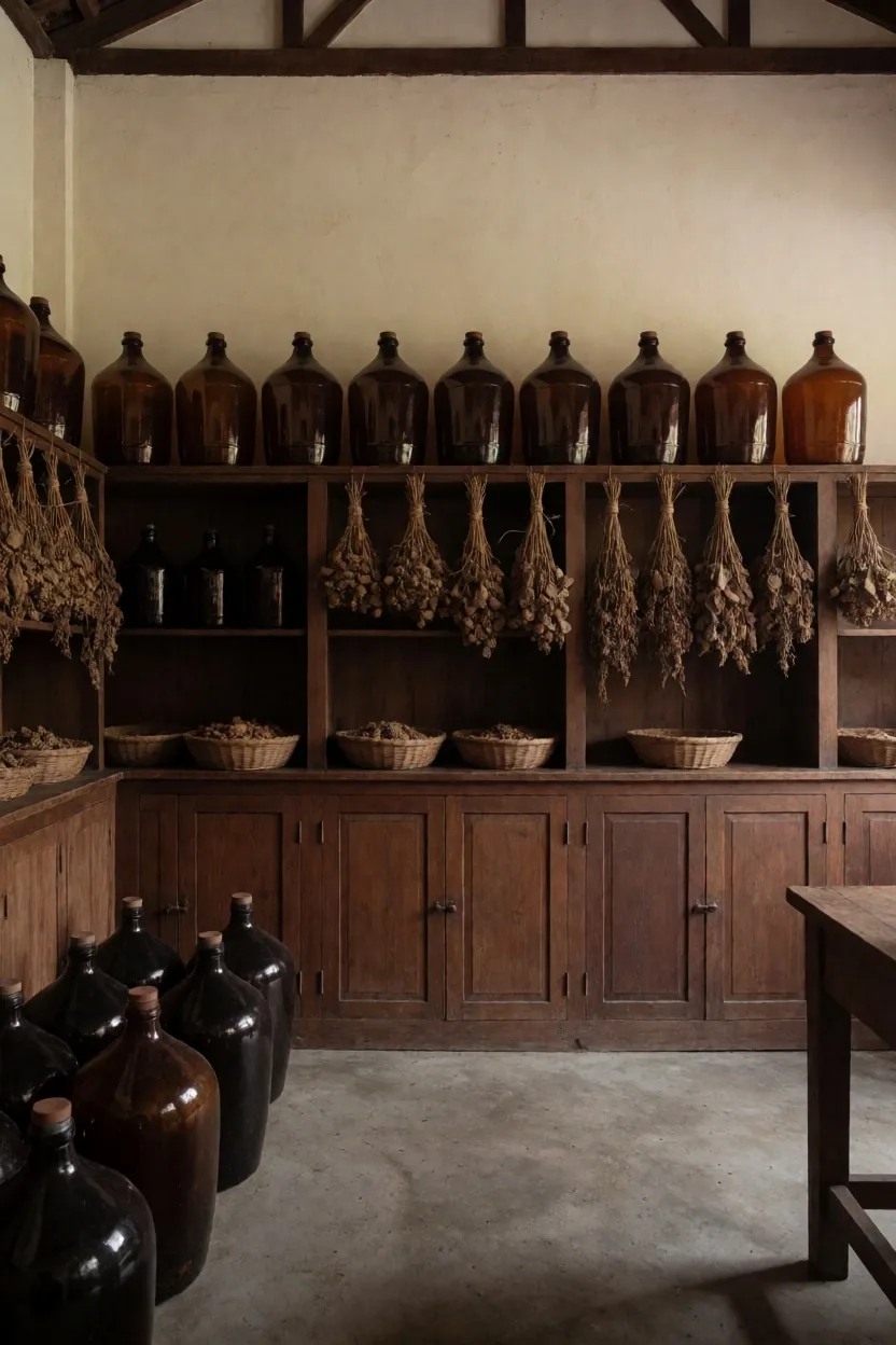 Amber apothecary jars on dark shelving