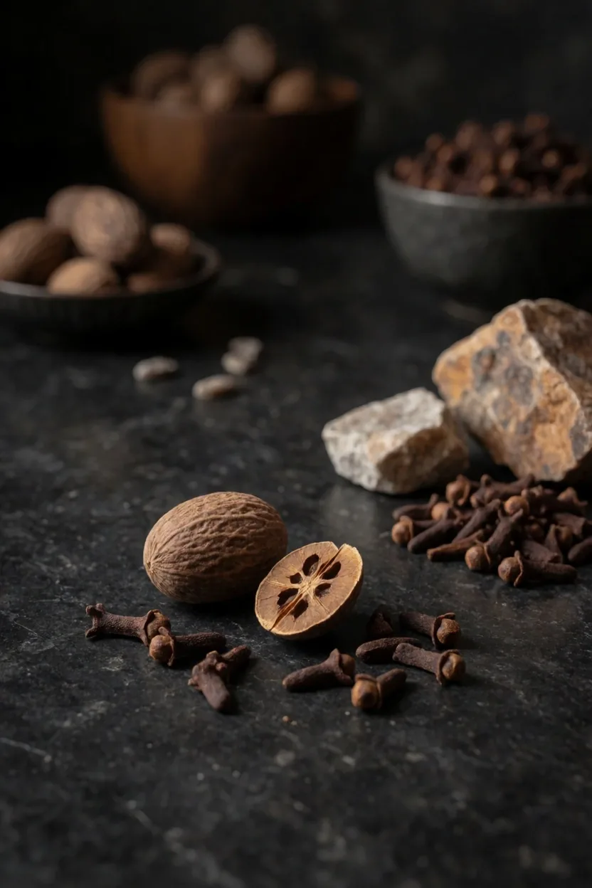 Botanical ingredients on dark preparation surface