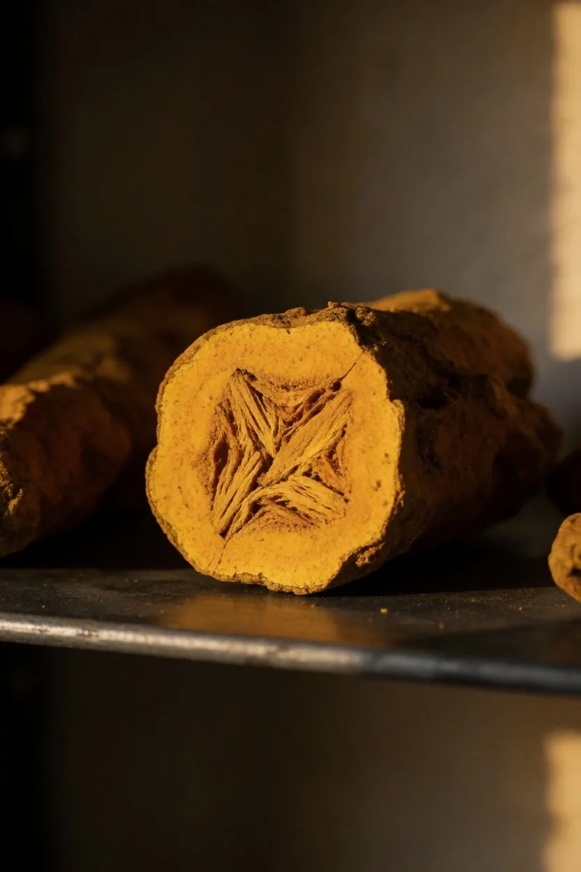 Dried botanical root on dark zinc surface