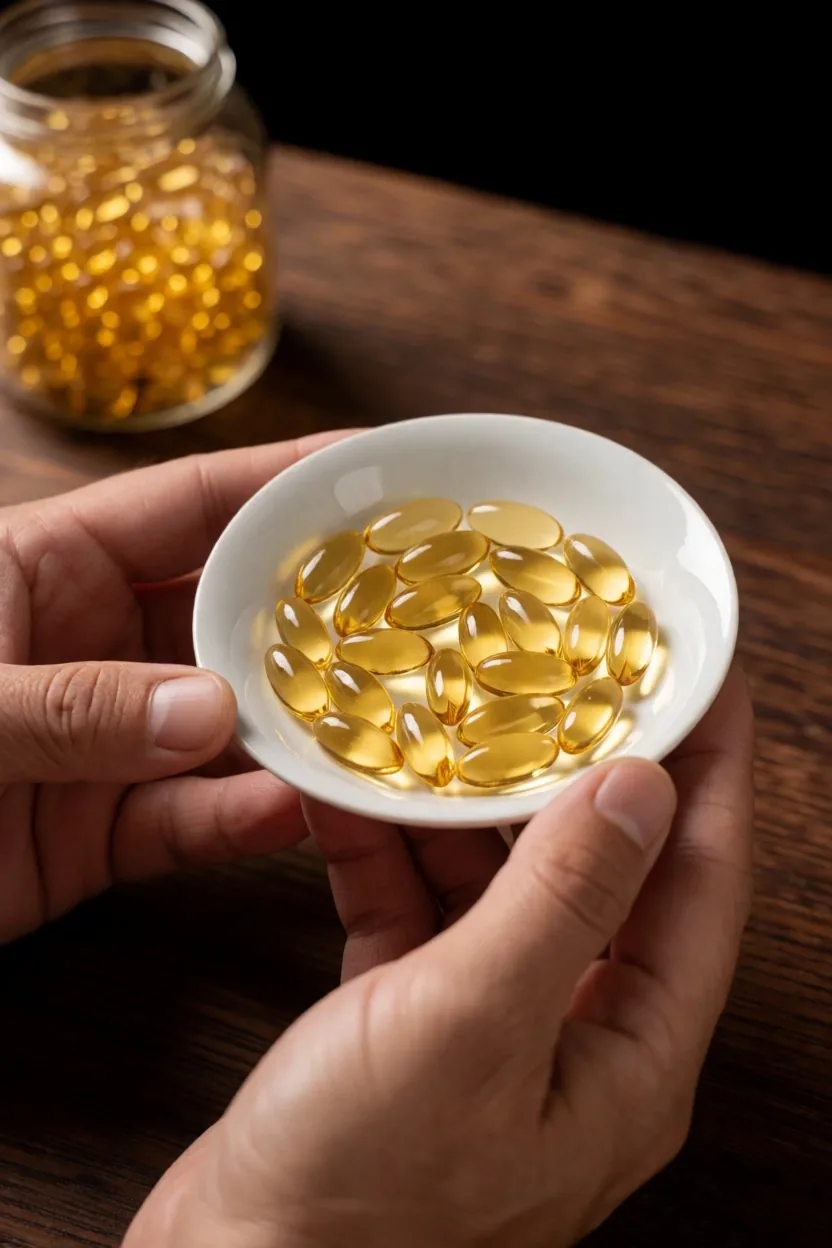 Hands holding dish of botanical capsules
