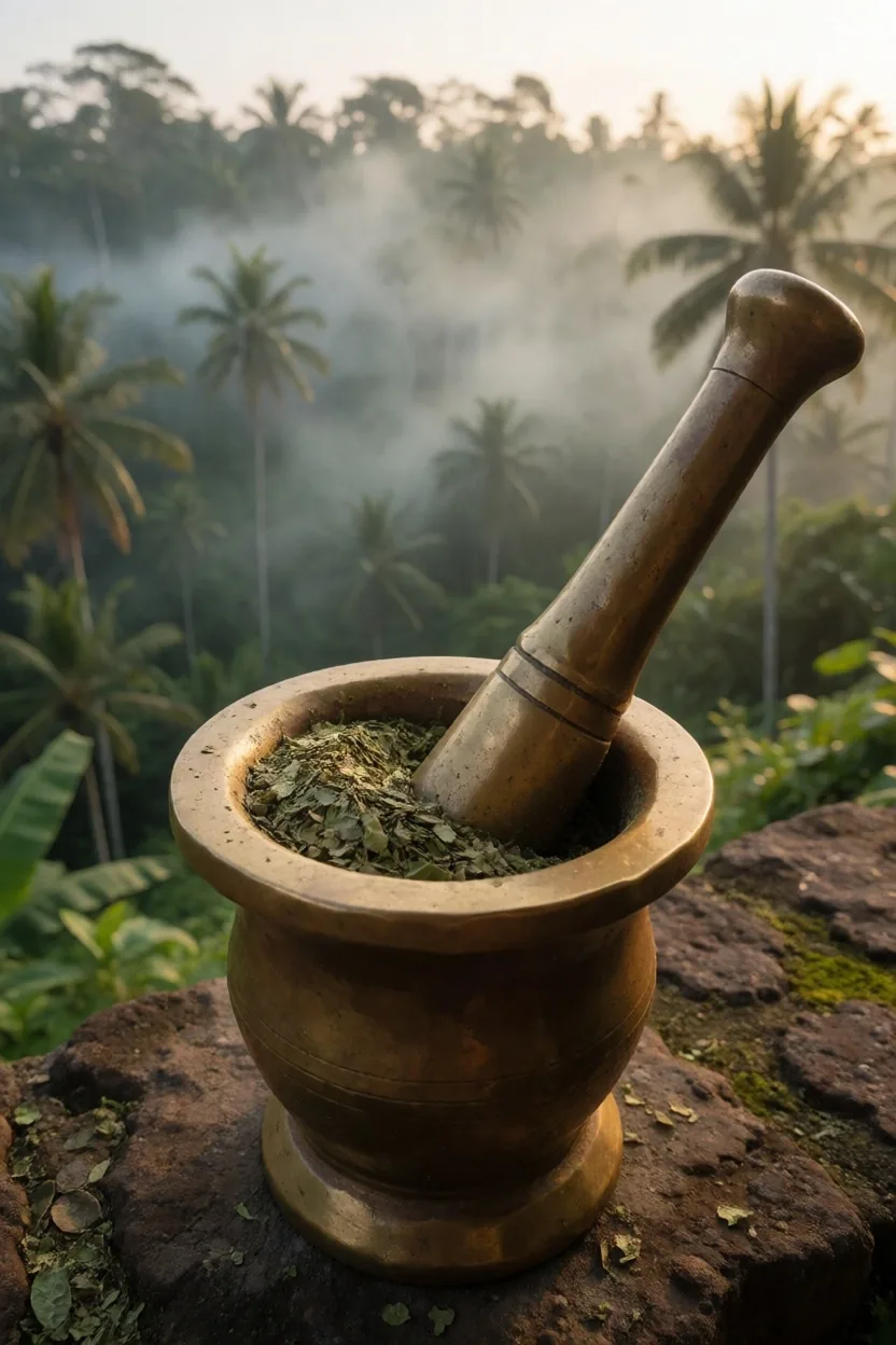 Mortar and pestle with ground botanical material