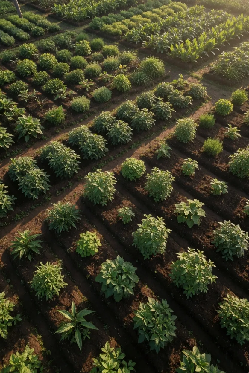 Overhead view of botanical garden beds at golden hour