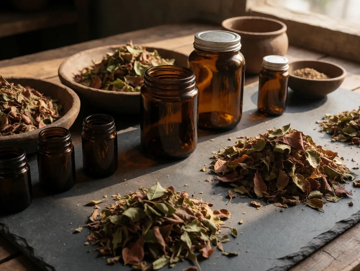 Botanical ingredients arranged on a dark preparation surface