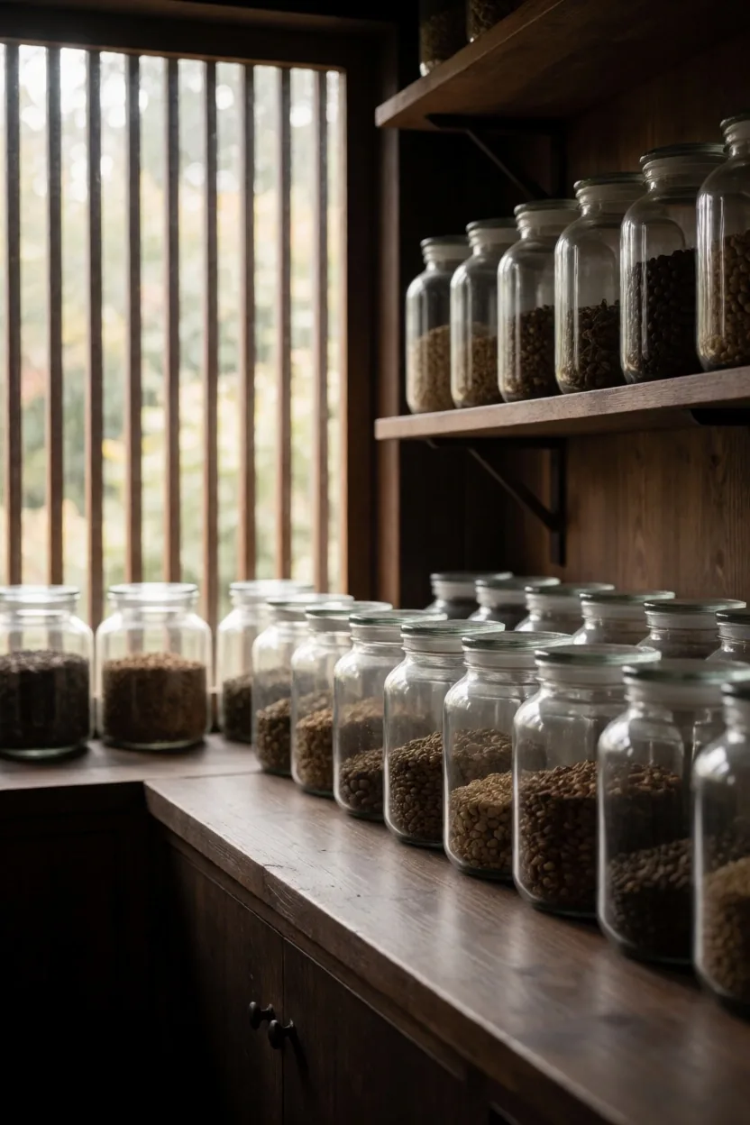 Dried botanical roots stored in amber jars on dark wood shelving