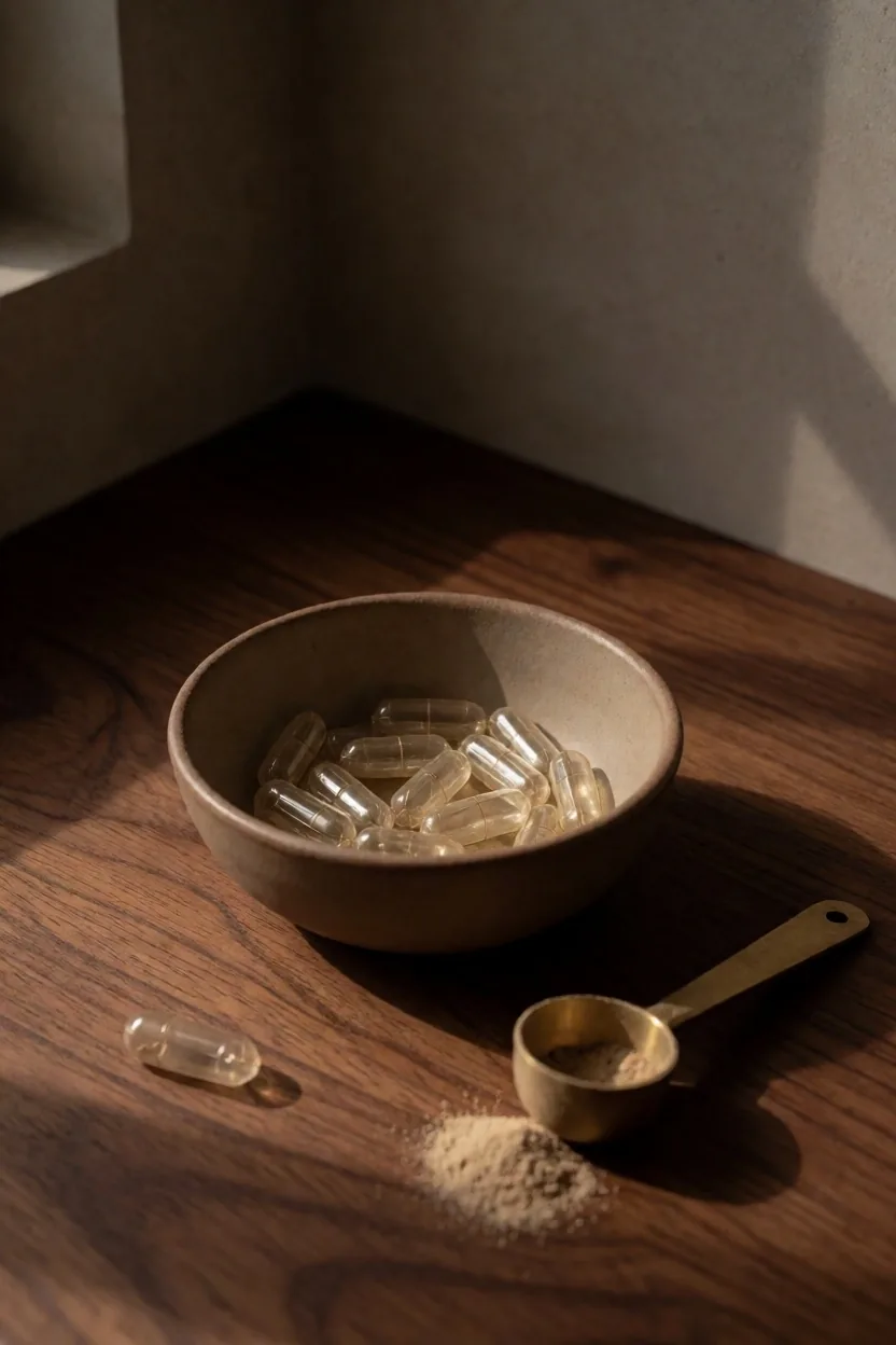 Empty capsules in a ceramic saucer beside a brass scoop