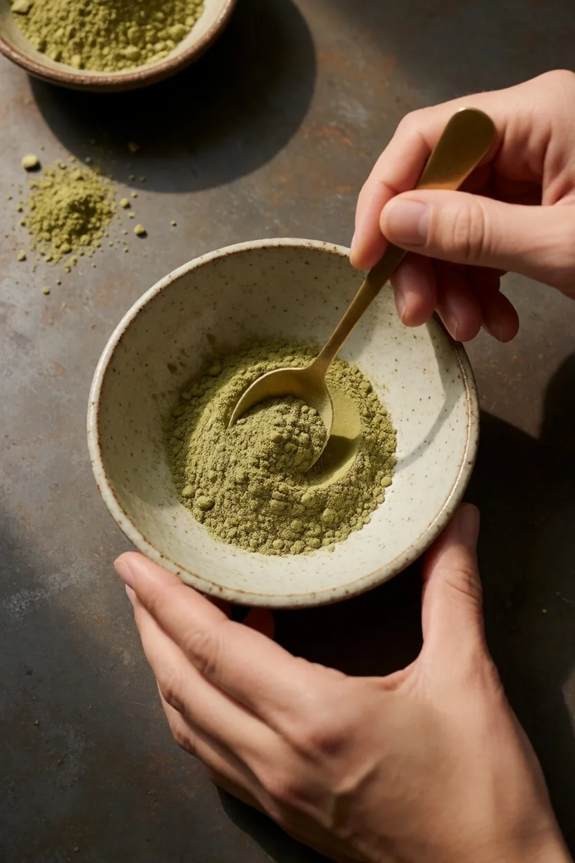 Hands measuring ground botanical powder into a ceramic dish