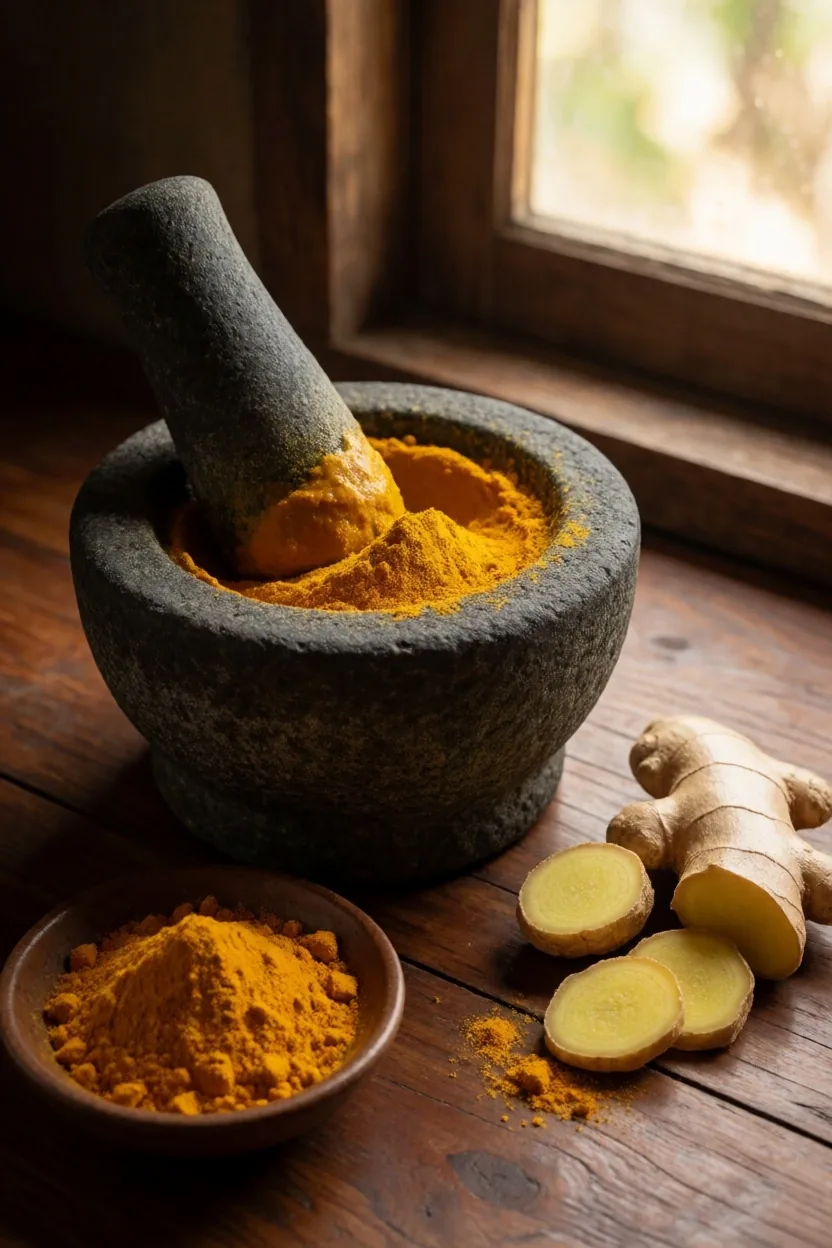 Mortar and pestle with ground turmeric and ginger