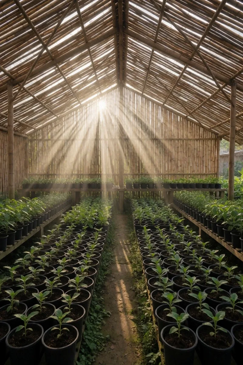 Botanical garden bed overhead at golden hour