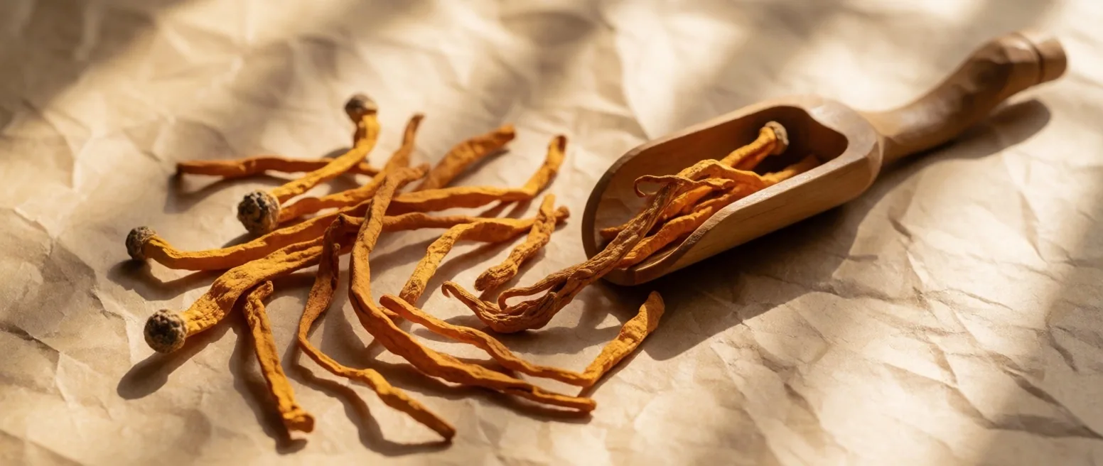 Dried cordyceps mushrooms on manila card