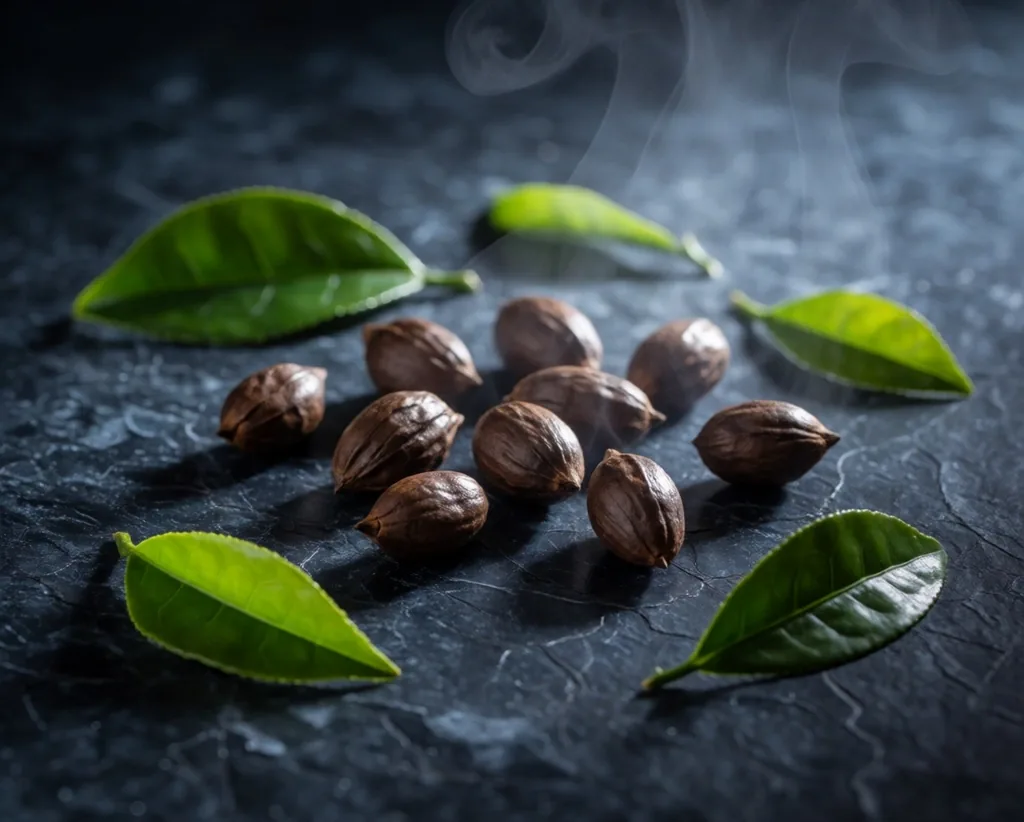Green tea and guarana seeds on a dark surface