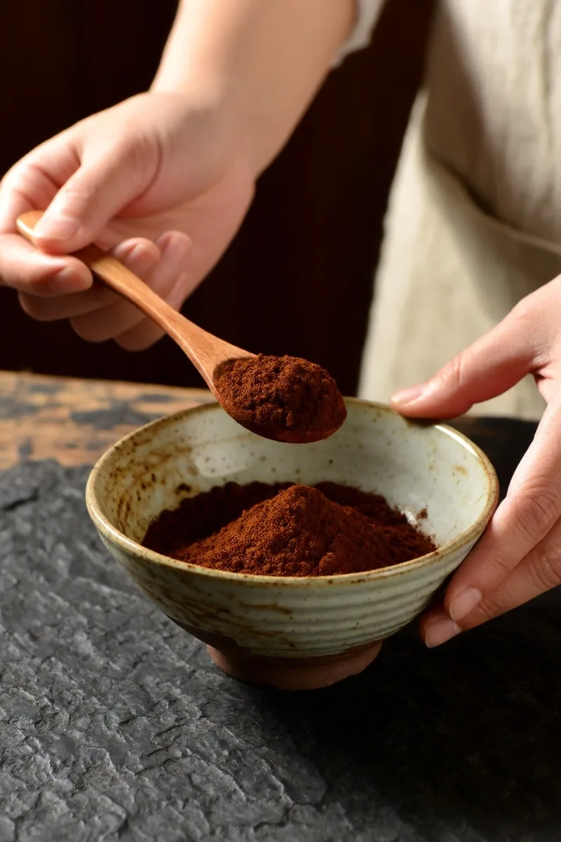 Hands measuring herbal powder into a dish