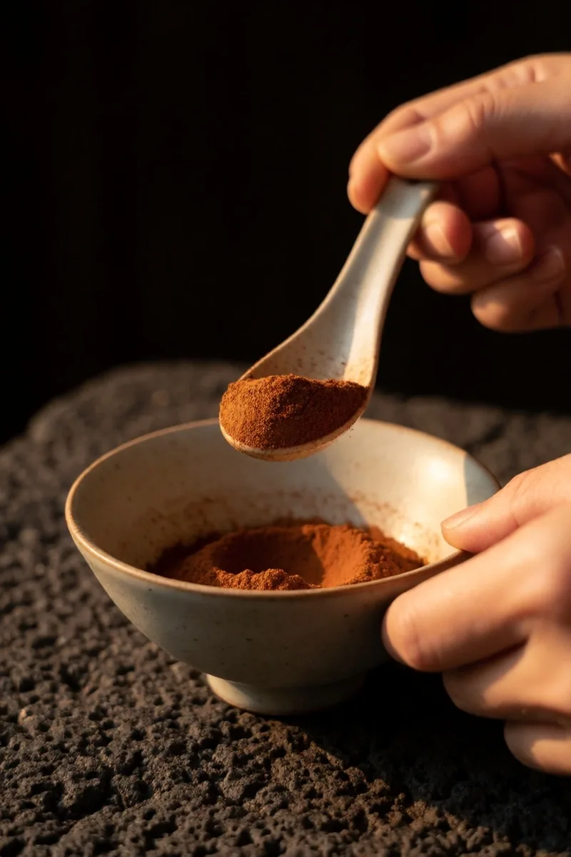 Hands measuring herbal powder