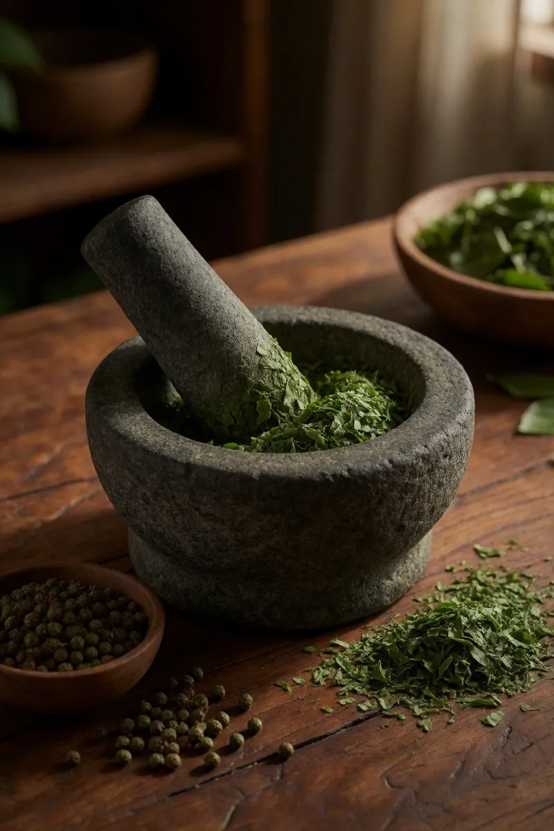 Mortar and pestle with crushed botanical leaves