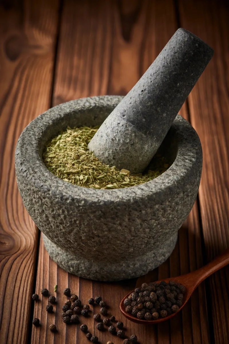 Mortar and pestle with crushed botanical leaves
