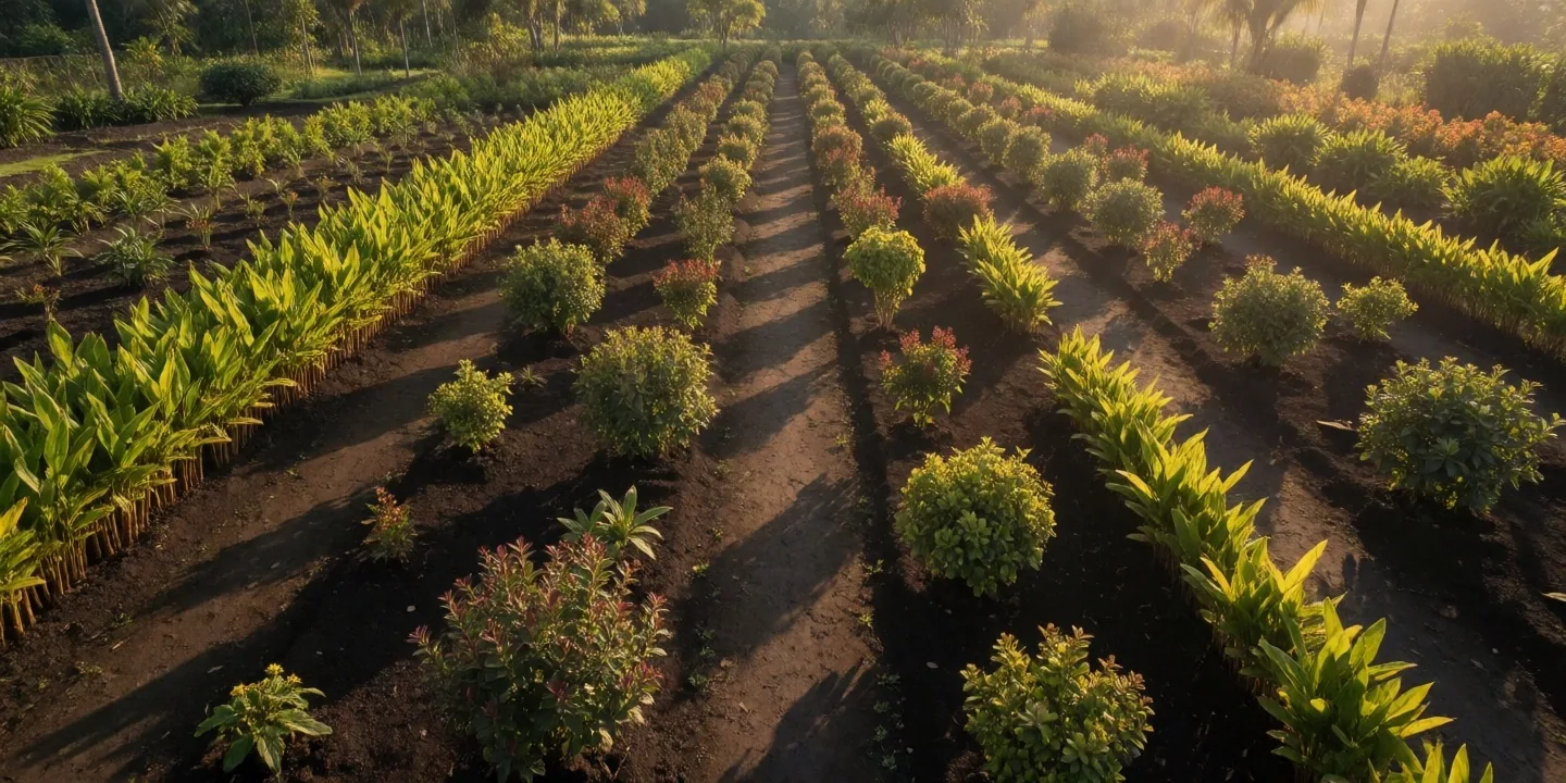 Botanical garden rows at golden hour