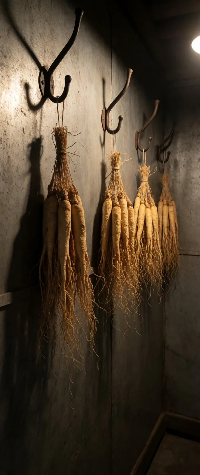Dried ginseng roots on dark zinc shelving