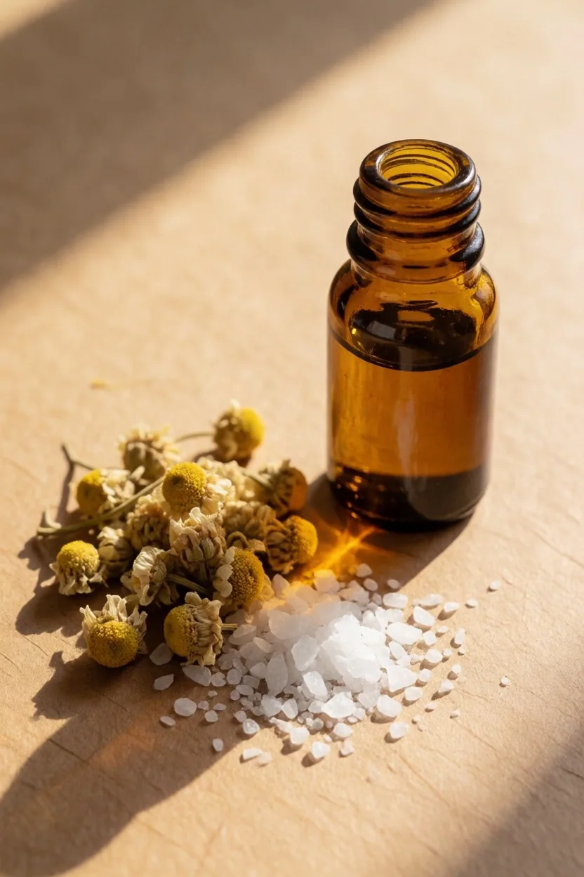 Amber tincture bottle with dried chamomile and magnesium