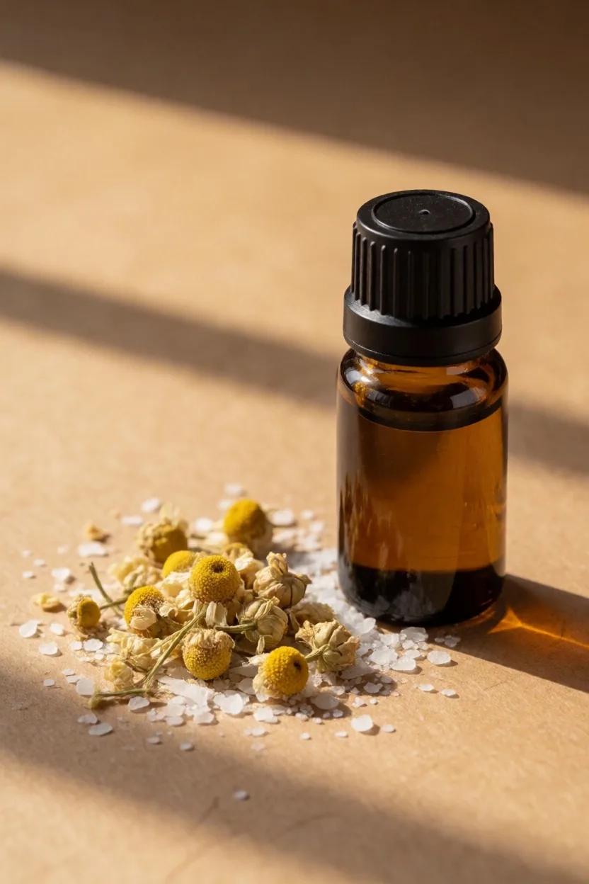 Amber tincture bottle with dried chamomile and magnesium