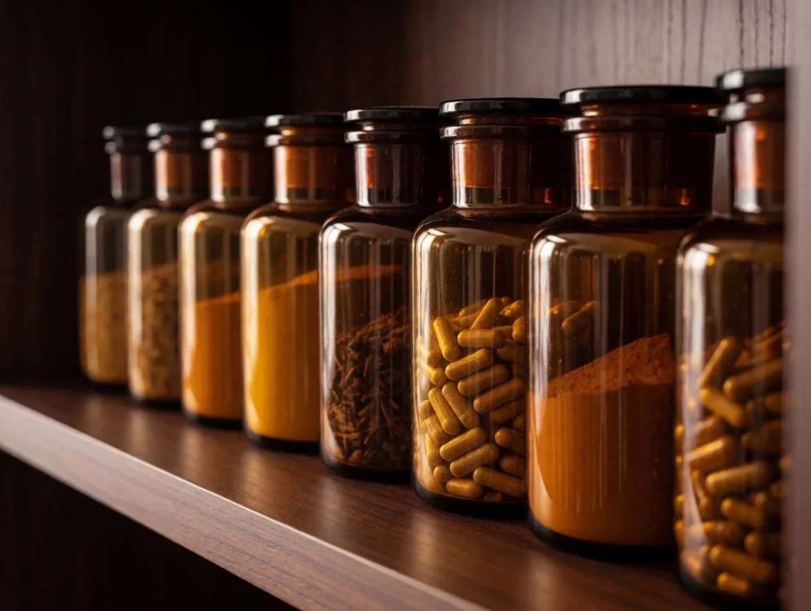 Amber jars of mixed botanical blends on dark wood shelf