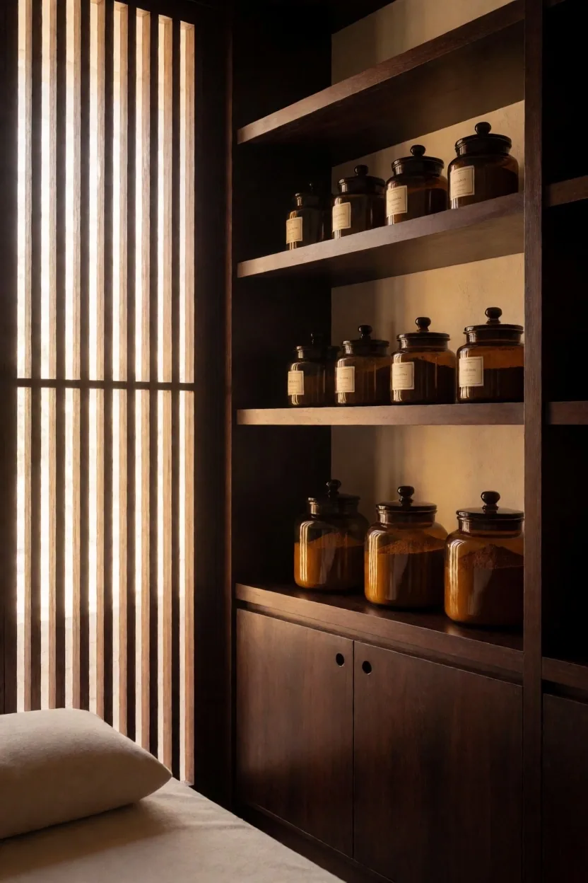 Botanical preparation shelf with amber jars and ground powders