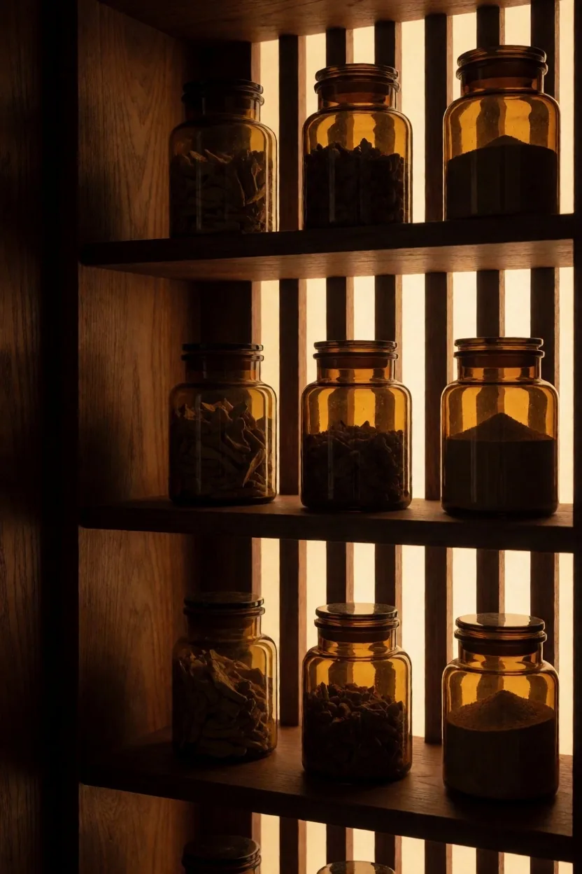 Botanical preparation shelf with amber jars and ground powders
