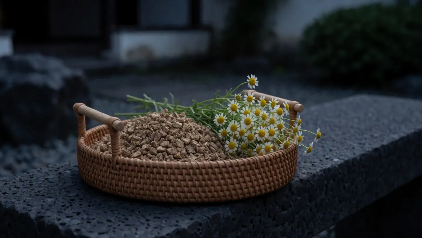 Dried valerian root and chamomile on manila card