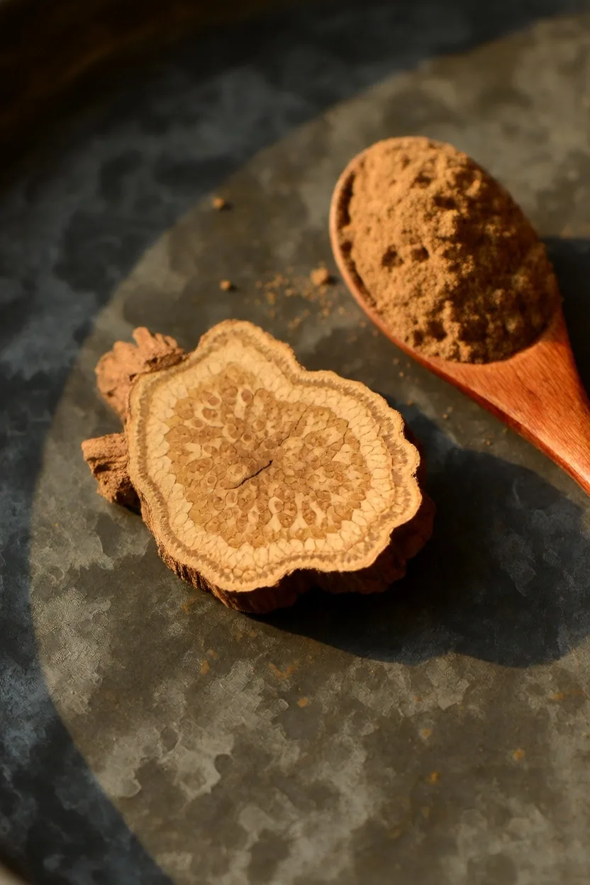 Dried root cross-section and ground powder on dark surface