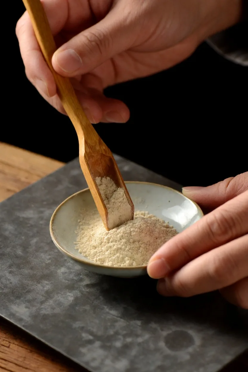 Hands measuring botanical powder into a ceramic dish