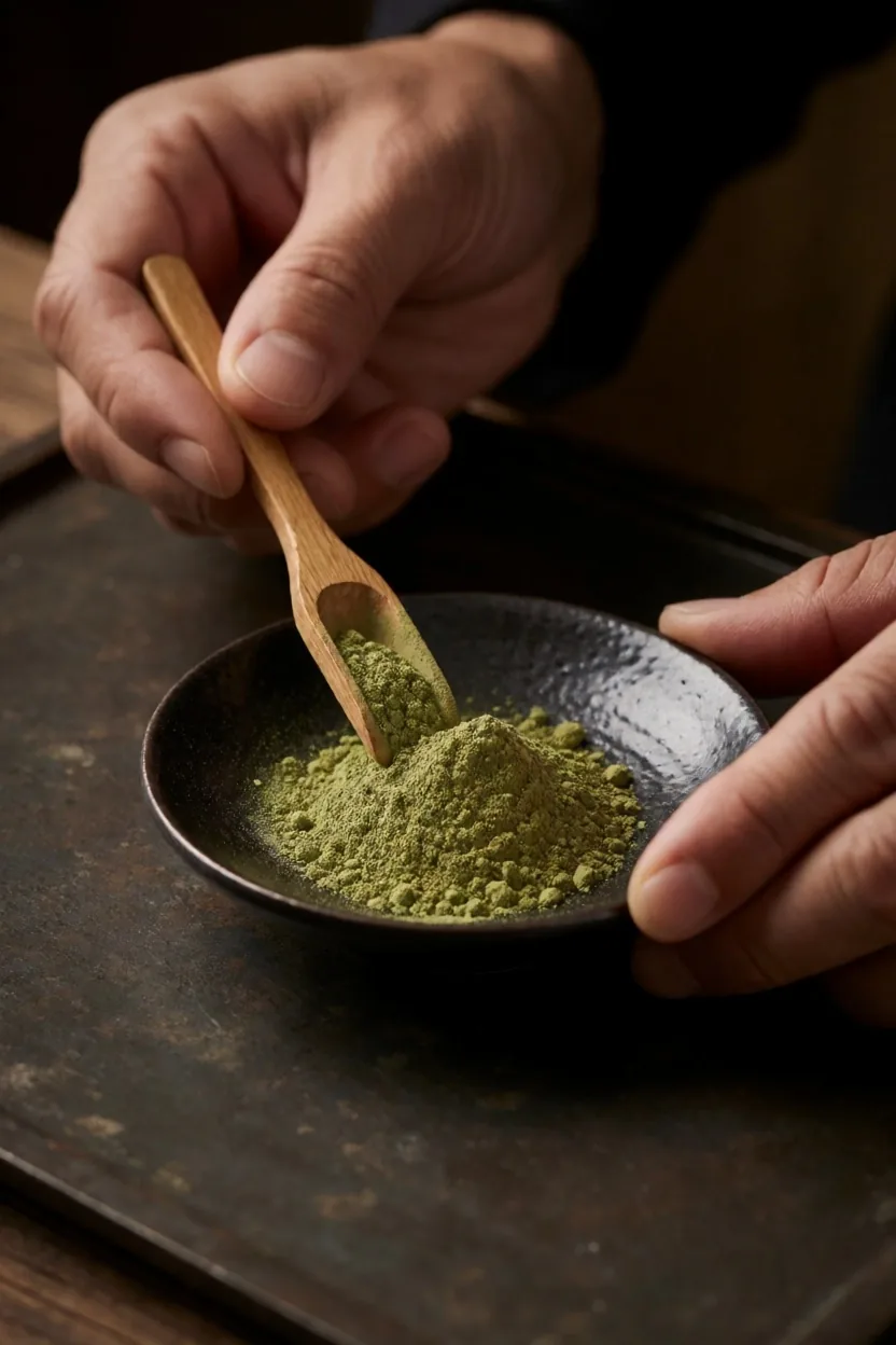 Hands measuring botanical powder into a ceramic dish