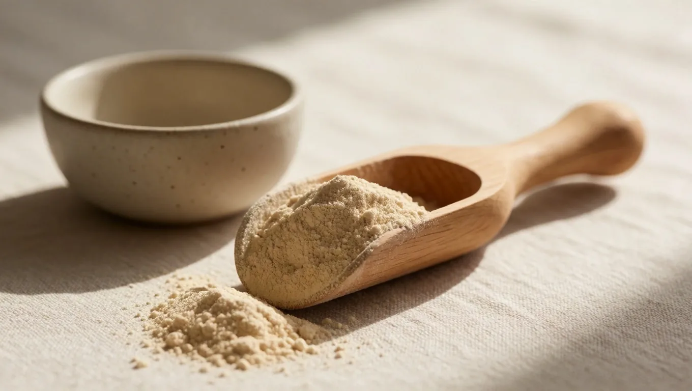 Scoop of pea protein powder over ceramic bowl